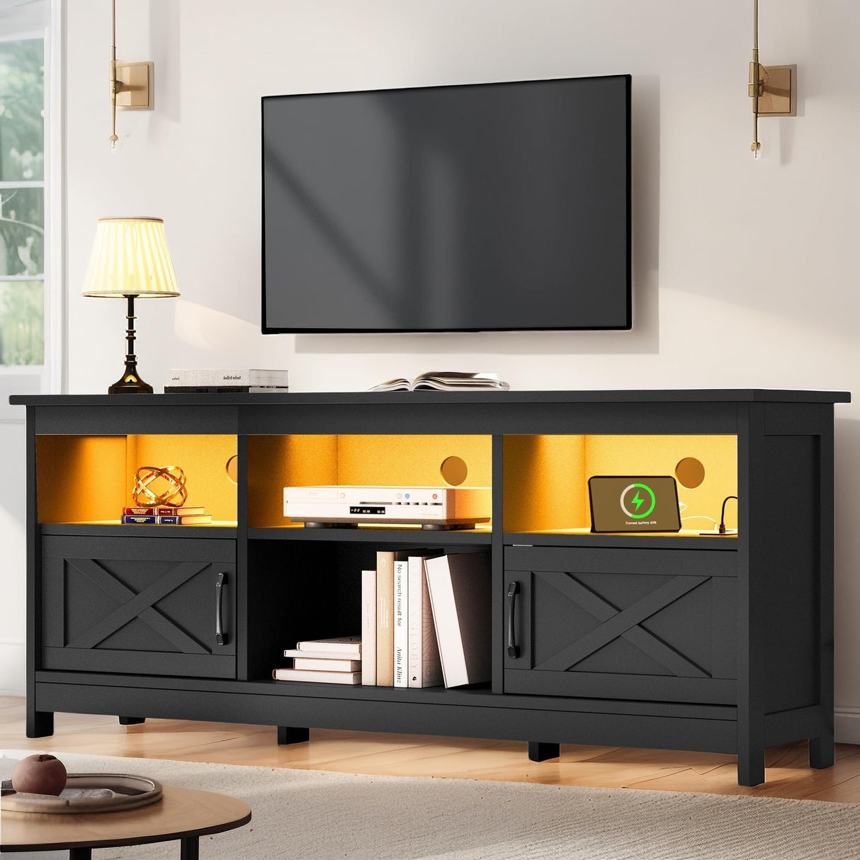 YITAHOME TV Stand for 65 Inch TVs, Entertainment Center with Storage Cabinets, Power Outlet & LED Light, Media Console Living Room Furniture, Black YITAHOME