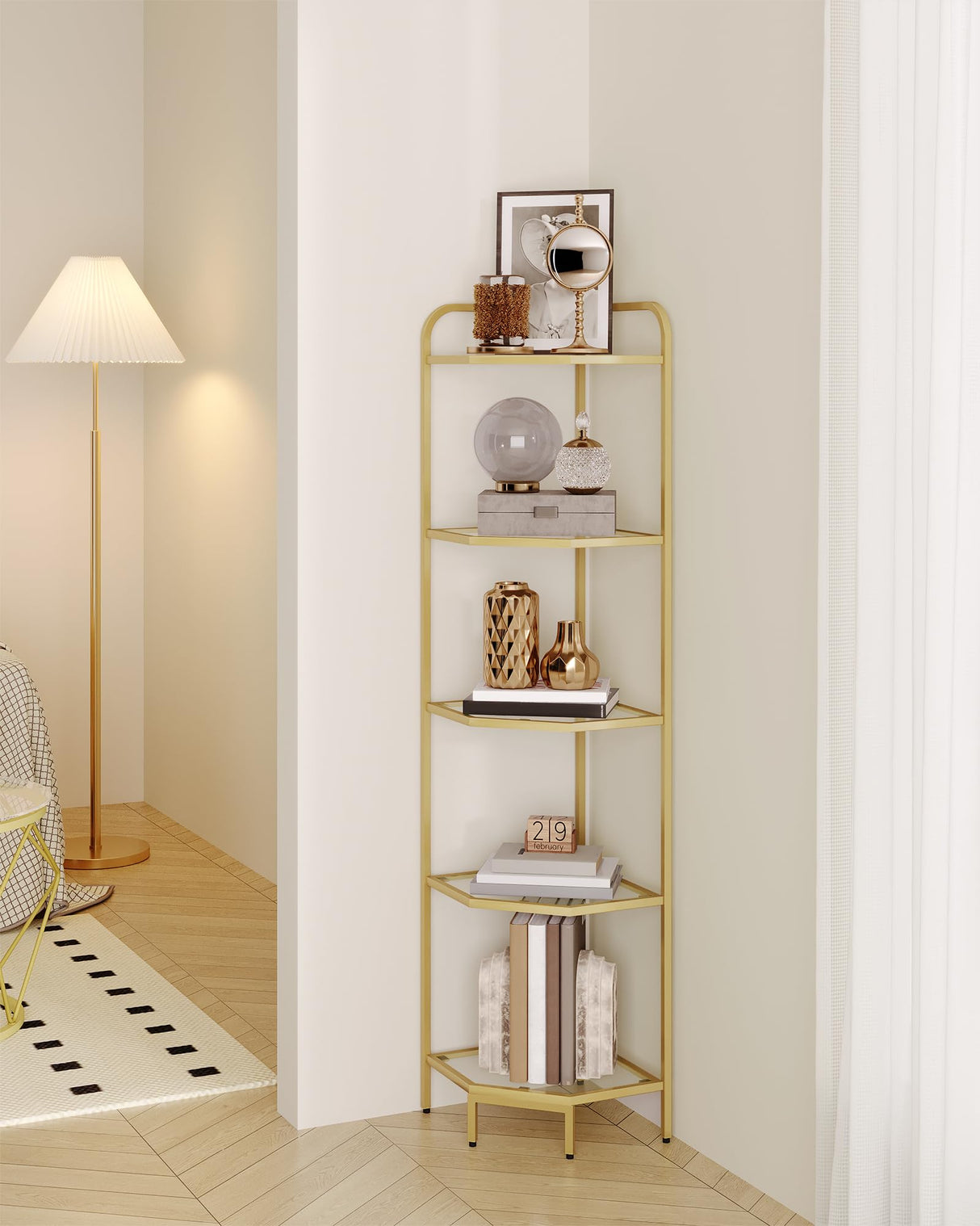 Hzuaneri Corner Shelf Stand, Glass Bookshelf Bookcase, Bathroom Organizer, Plant Stand, Steel Frame, Tempered Glass, Modern Style for Living Room, Bathroom, Kitchen, 5-Tier Golden CS90200G Hzuaneri