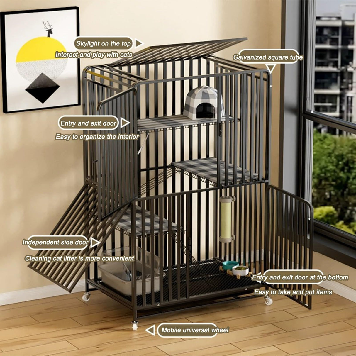 HARELA Catio Cat Enclosures Outdoor for Cats, Balcony Cat Playpen with Platforms, Wheels and Removing Tray, Ideal for Safe Play and Relaxation, for Cat Activity, for 1-3 Cats(White), 85*60*147cm HARELA