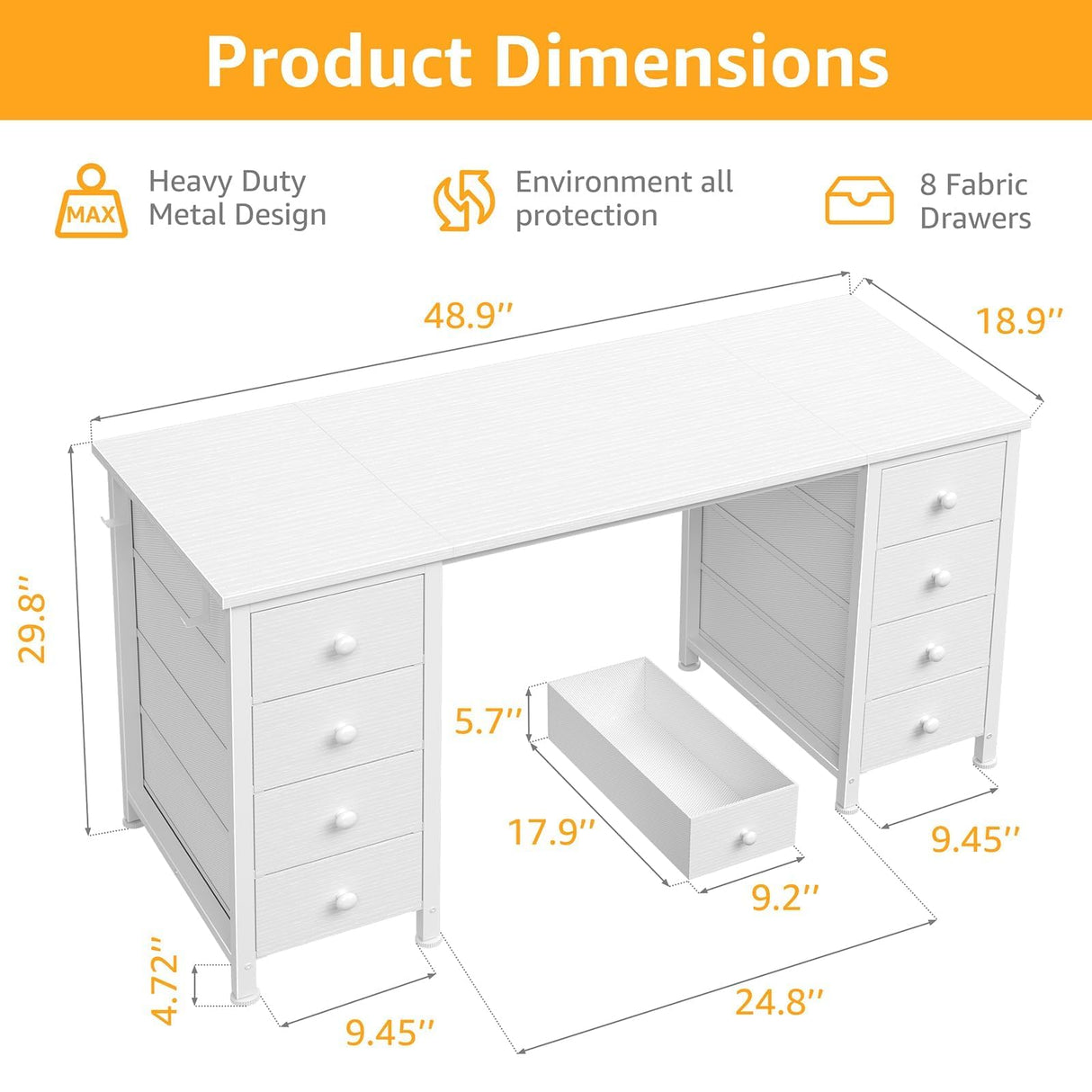 White Vanity Desk No Mirror - 47 Inch White Office Computer Desk with 8 Fabric Drawers on Both Sides for Girls, Makeup Work Writing Study Desks, Vanity Table No Mirror for Bedroom DLisiting