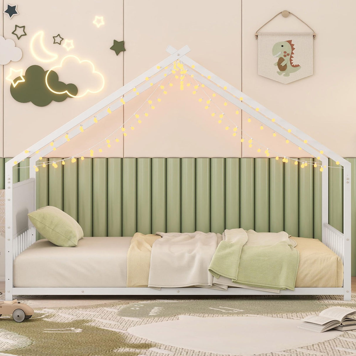 Twin Size Montessori Floor Bed with RGB LED Light, Twin Size House Floor Bed with High Headboard and Footboard, Twin Floor Bed with Slats, Twin Floor Bed for Kids(Twin White) Bellemave