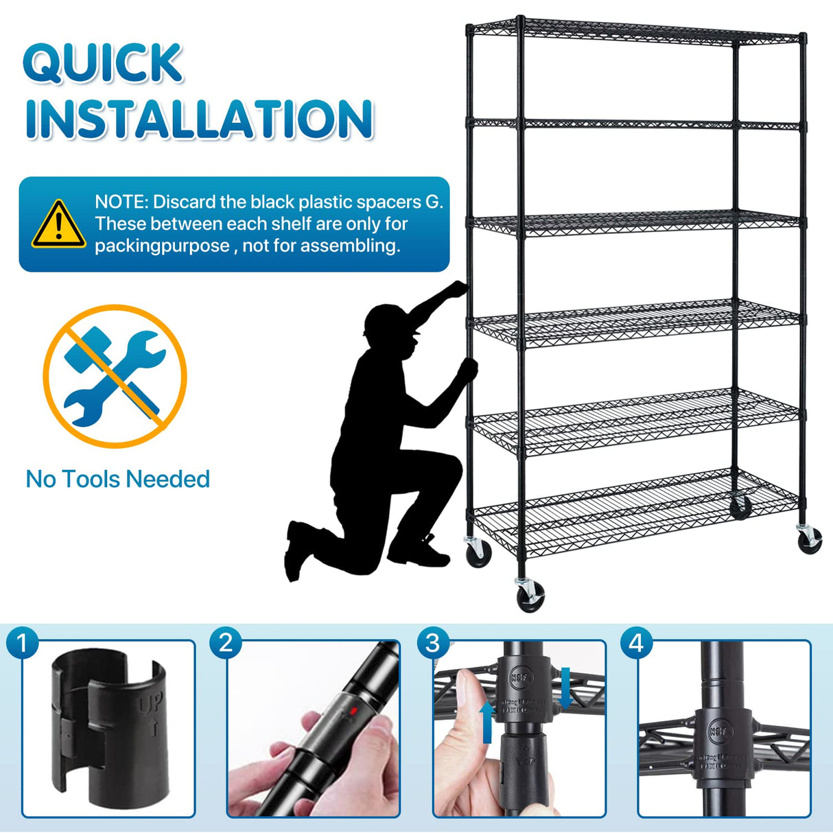 Dkelincs 6 Tier Wire Shelving Unit with Wheels 48" X 18" X 76" Metal Storage Shelves Height Adjustable NSF Heavy Duty Commercial Grade Garage Shelf Rack for Kitchen Basement Restaurant，Black Dkelincs