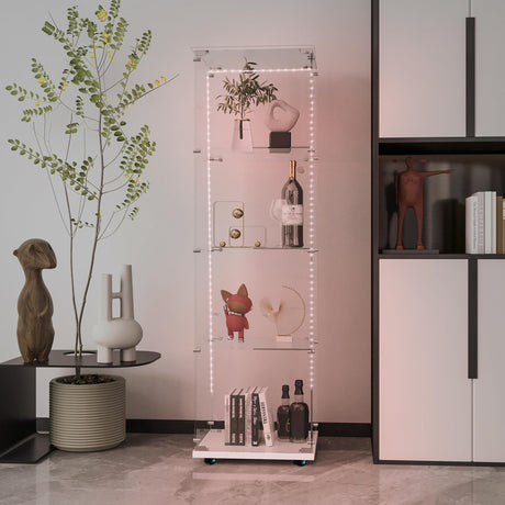 nifoti 65" H 4-Shelf LED Lights Strip Glass Display Cabinet with Lock & Casters, Modern Glass Top Curio Storage Cabinet Collection Display Case, Tempered Glass Bookshelf Case for Living Room(White) nifoti