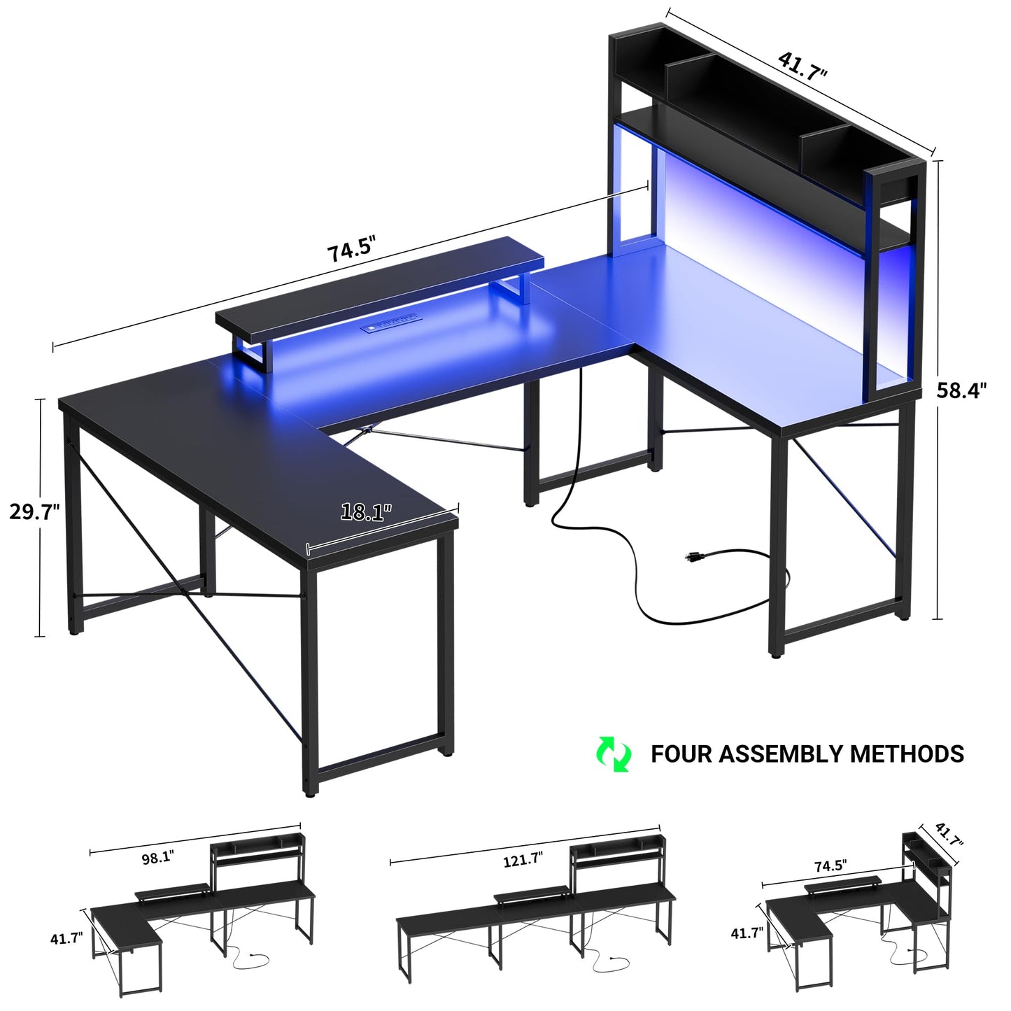 Unikito U Shaped Desk with Hutch, Reversible L Shaped Computer Desk with Power Outlets and LED Strip, Large Office Table with Monitor Stand, Large U Shape Gaming Desk, Black - WoodArtSupply