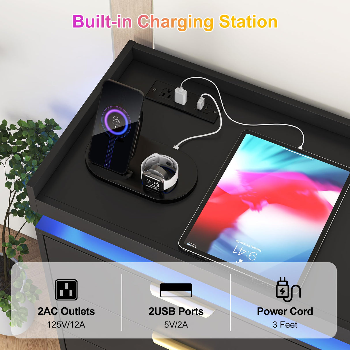 9 Drawer Dressers for Bedroom, Black Dresser with LED Lights and Power Outlet, Large Dresser Wooden Long Dresser, Double Wide Drawer Triple Dresser for Bedroom, Living Room, Entryway, Hallway knoworld