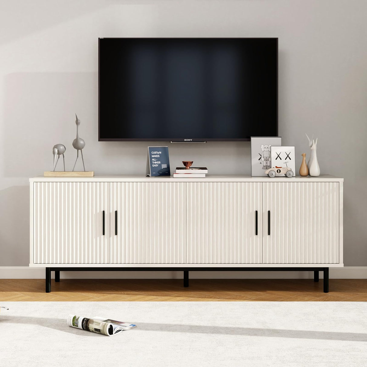 MUUEGM Modern TV Stand for Televisions up to 80 Inch, Entertainment Center with Storage, Cabinet with Fluted Door and Adjustable Shelf, Console Table and Media Furniture for Living Room, White MUUEGM