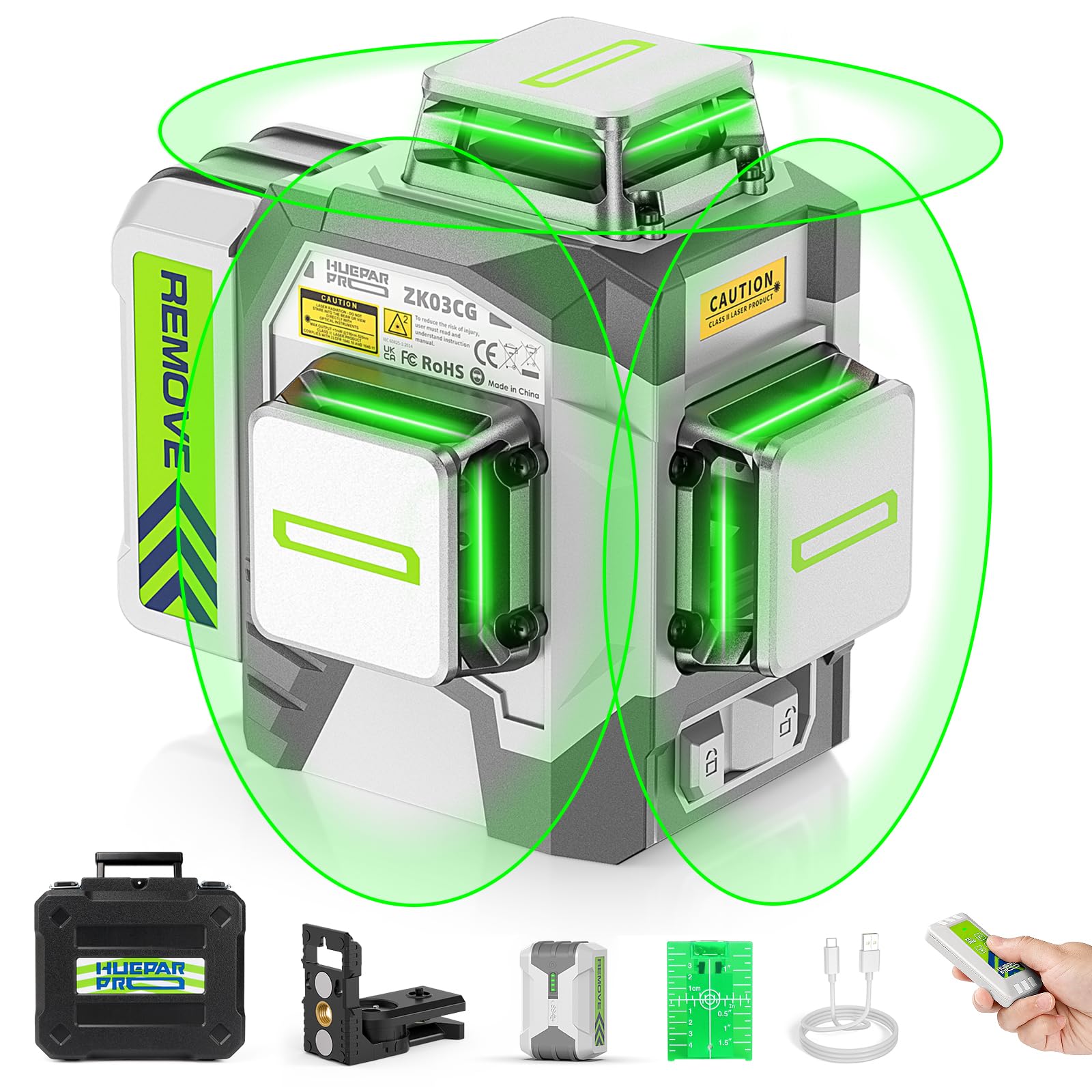 HueparPro Laser Level Self Leveling 3x360° 3D Green Cross Line Laser Level Tool for Construction and Picture Hanging, 8000mAh Rechargeable Battery, Remote Controller, Magnetic Stand & Hard Ca - WoodArtSupply