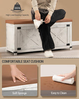 Hzuaneri Farmhouse Shoe Storage Bench, 2 Tier Shoe Bench with Padded Seat Cushion & 2 Barn Doors, Entryway Bench with Adjustable Shelf, Shoe Cabinet for Living Room, Bedroom, Antique White SB26614KA Hzuaneri