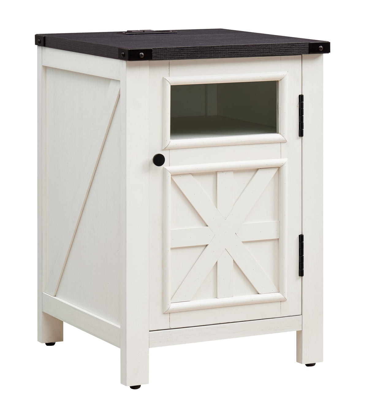 JXQTLINGMU Farmhouse End Table with Charging Station, 18'' Rustic Nightstand with Barn Door & Adjustable Shelf, Wooden Sofa Side Table with 3-Tier Storage for Living Room, Bedroom, White JXQTLINGMU