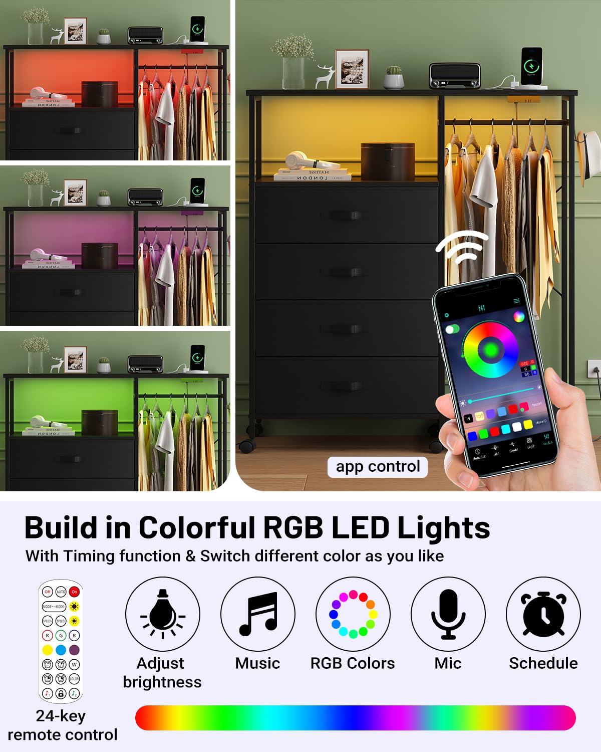 Seeday Dresser for Bedroom with Clothes Rack, 4 Drawers Dresser with Charging Station and LED Lights, Storage Chest of Drawers with Wheels, Wooden Top, for Closet, Living Room, Hallway, Black Seeday