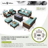 Sophia & William Patio Furniture Set with Fire Pit Table, 10 Piece Outdoor Wicker Furniture Sectional Sofa, Extra Large Patio Rattan Conversation Set with Ottoman & 45" Fire Pit Table(Aqua Blue) Sophia & William