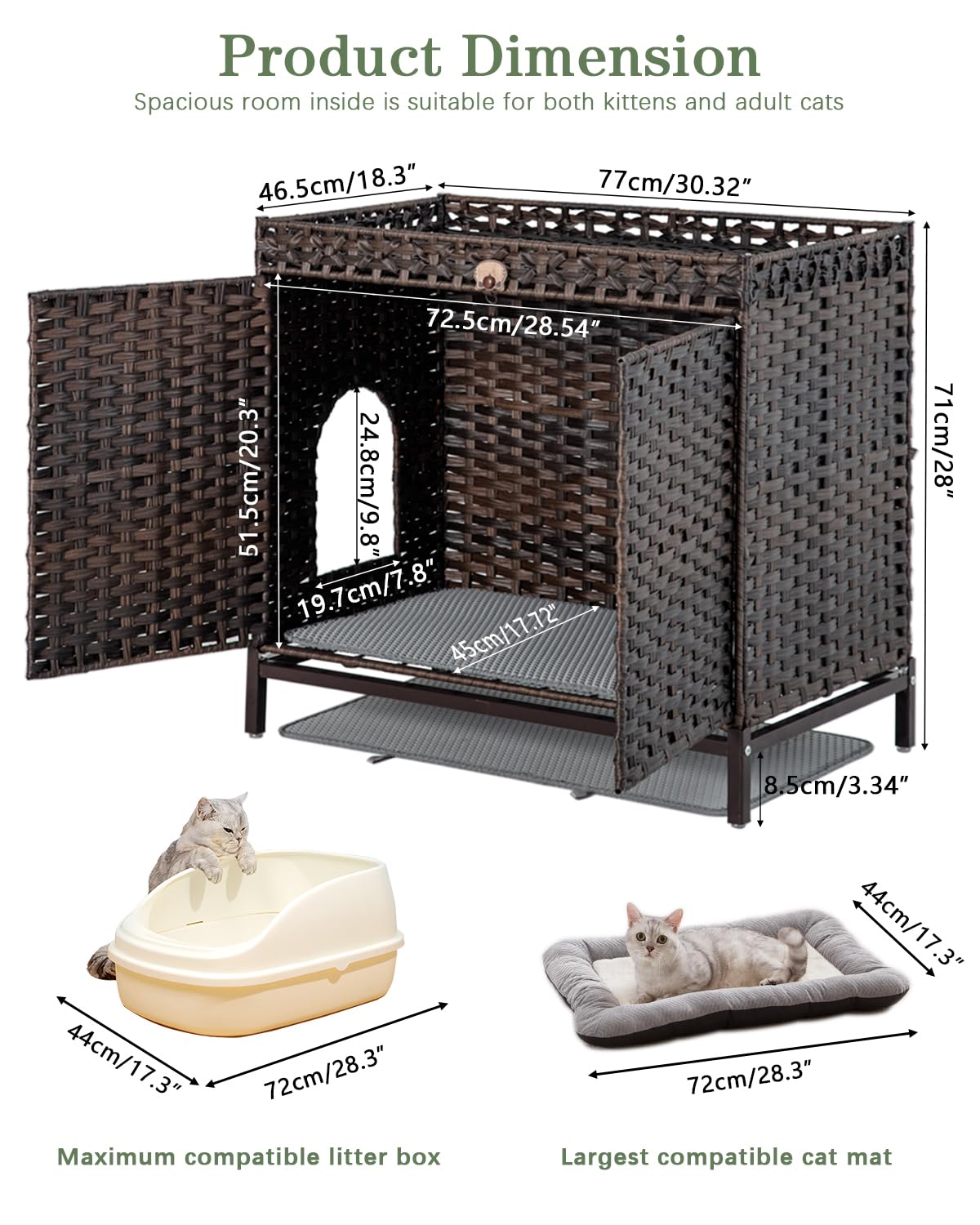 SETVSON Cat Litter Box Enclosure Furniture, Hidden Handwoven Rattan Litter Box with Mat, Large Cat House with Metal Heightened Feet, 30.3 x 18.3 x 28 Inches, Indoor for Living Room, Bedroom Brown SETVSON