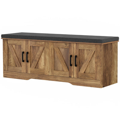 HOMSHO 2-Tier Storage Bench, Shoe Bench with Padded Seat Cushion, Entryway Bench with 4 Barn Doors, Adjustable Shelf, 13.8" D x 47.2" W x 17.7" H, for Entryway, Living Room, Bedroom, Rustic Walnut