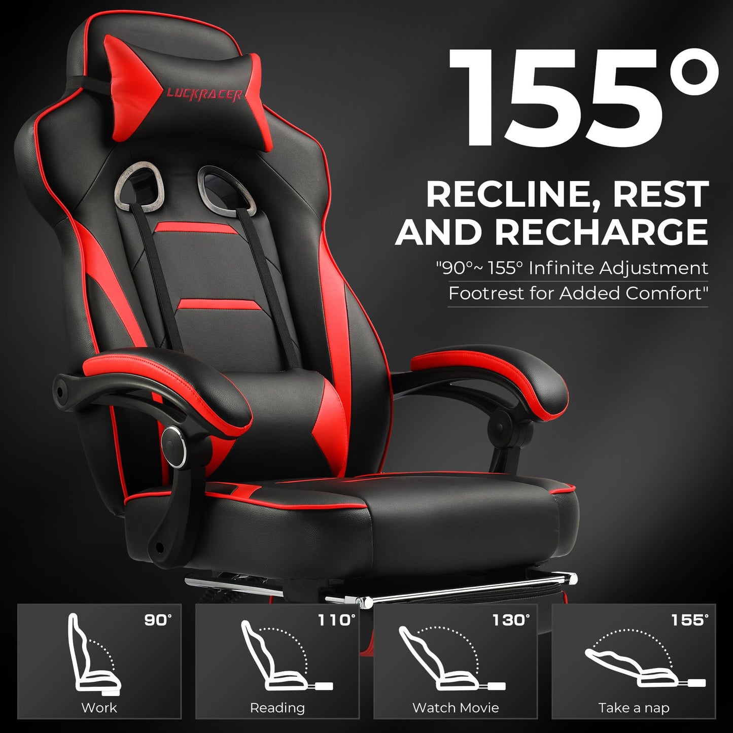 GTPLAYER Gaming Chair with Footrest, Big and Tall Game Chair 350lb Racing Style Computer Chair, Ergonomic Executive Office Chair High Back with Lumbar Support and Recliner, Red