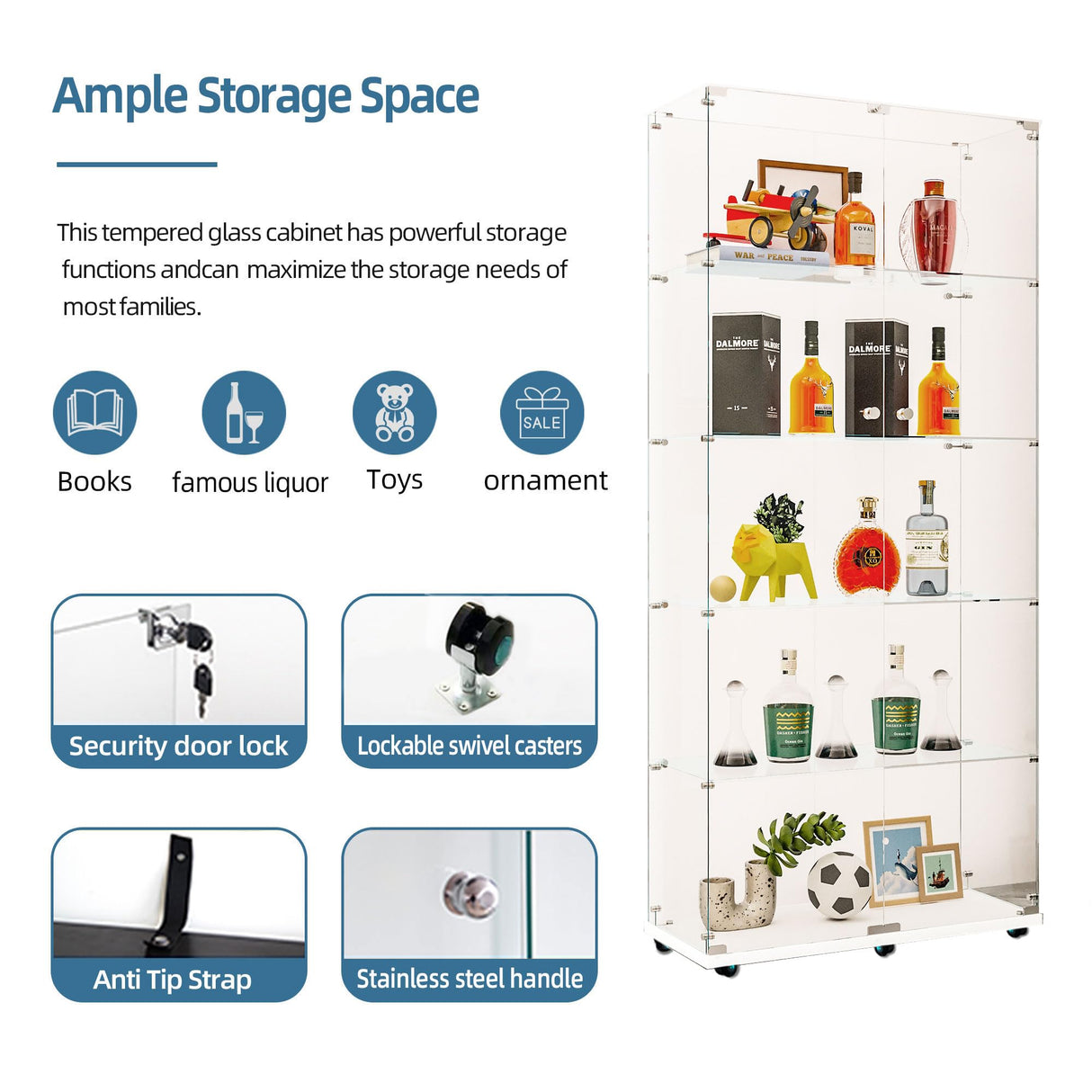 Maotifeys Modern Glass Display Cabinet 5-Shelf with LED Light, Lock and Wheels, 2 Door Curio Cabinets, Tempered Glass Collection Display Showcase for Living Room Home Office,White Maotifeys