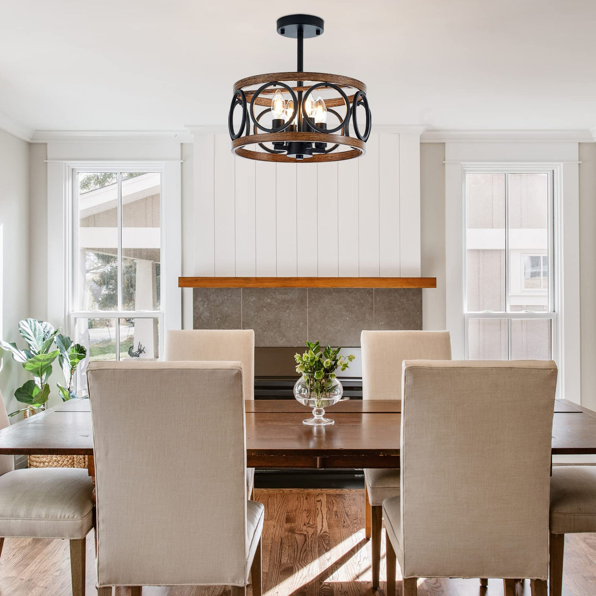 Faibra 4-Light Farmhouse Drum Pendant Light,12.6'' Nature Wood Texture Vintage Rustic Chandeliers Black Metal Industrial Hanging Light Fixtures for Entryway, Bedroom Dining Room Faibra