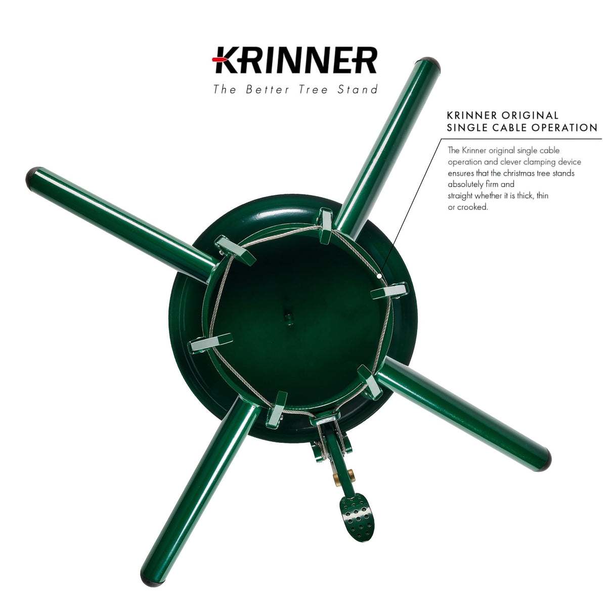 KRINNER Christmas Tree Genie Steel - Green Tree Stand - Original Single Cable Operation, Holds up to 15 ft Live Trees - Foot Pedal Setup & Water Reservoir - 4 Stabilizing Feet, German Made Krinner