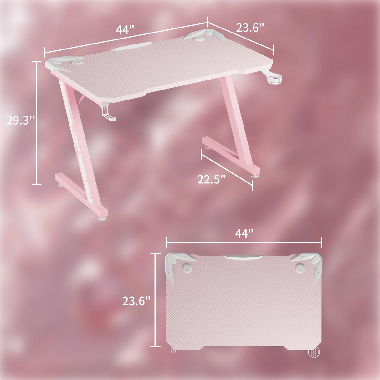 Furmax Gaming Desk Computer Desk Z-Shaped Gaming Table with Carbon Fibre Surface Home Office Desk PC Workstation Desk with Cup Holder, Headphone Hook Modern Style Desk (Pink, 44 inch) Furmax