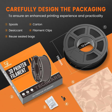 TECBEARS PETG Filament 1.75mm, 3D Printer Filament Bundle 10KG, 1kg per Spool, 10 Colors, Black+Transparent+White+Blue+Green+Orange+Red+Grey+Purple+Brown TECBEARS