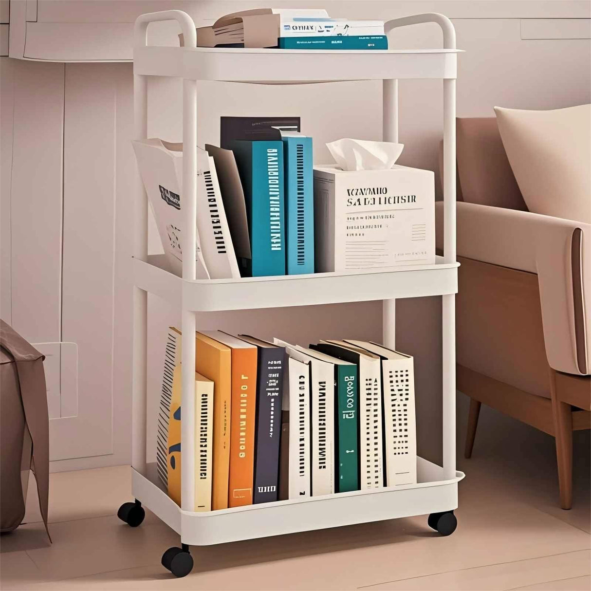 FrutPunch 3 Tier Rolling Cart, Rolling Storage Cart on Wheels, 360° Mobile Utility Cart, Rolling Storage Cart with Four Hooks Suitable, for Bathroom Living Room Kitchen and Office Scenes FrutPunch