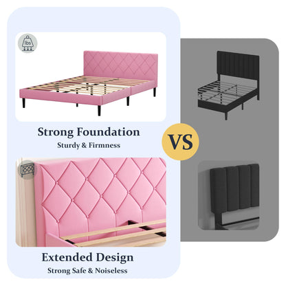 ZIEUNS Queen Size Bed Frame, Upholstered Platform Bed Frame with Button Tufted Velvet Headboard, Mattress Foundation, Wooden Slats Support, No Box Spring Needed, Super Easy Assembly, Pink