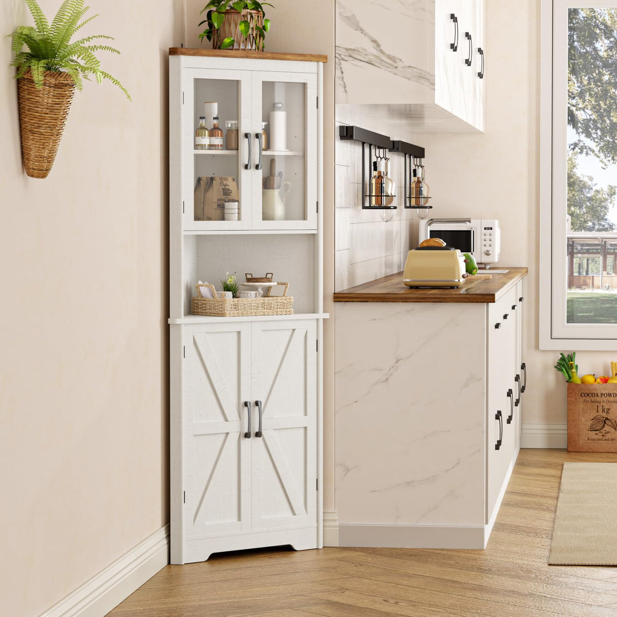 67''H Tall Corner Cabinet with 4 Tempered Glass Doors and Barn Doors, Farmhouse Storage Cabinet with 5 Adjustable Shelves, Home Pantry Hutch for Kitchen, Dining Living Room, Bathroom, Antique White FiveWillowise
