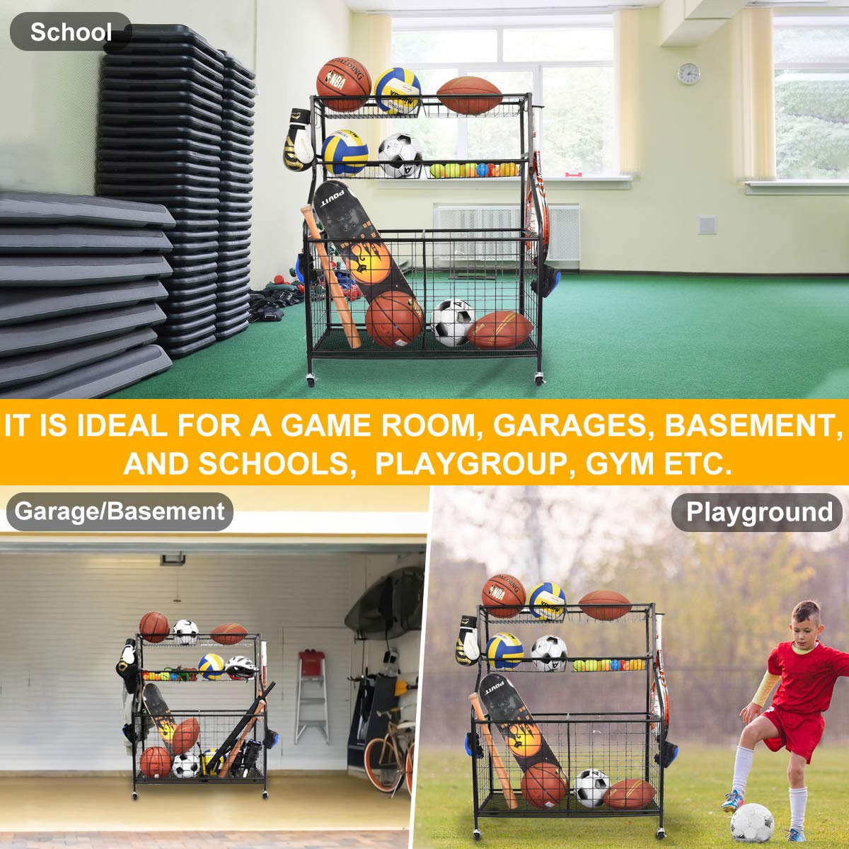 Kinghouse Garage Sports Equipment Organizer, Ball Storage Rack, Ball Storage Garage, Garage Organizer, Rolling Sports Ball Storage Cart, Black, Steel - WoodArtSupply