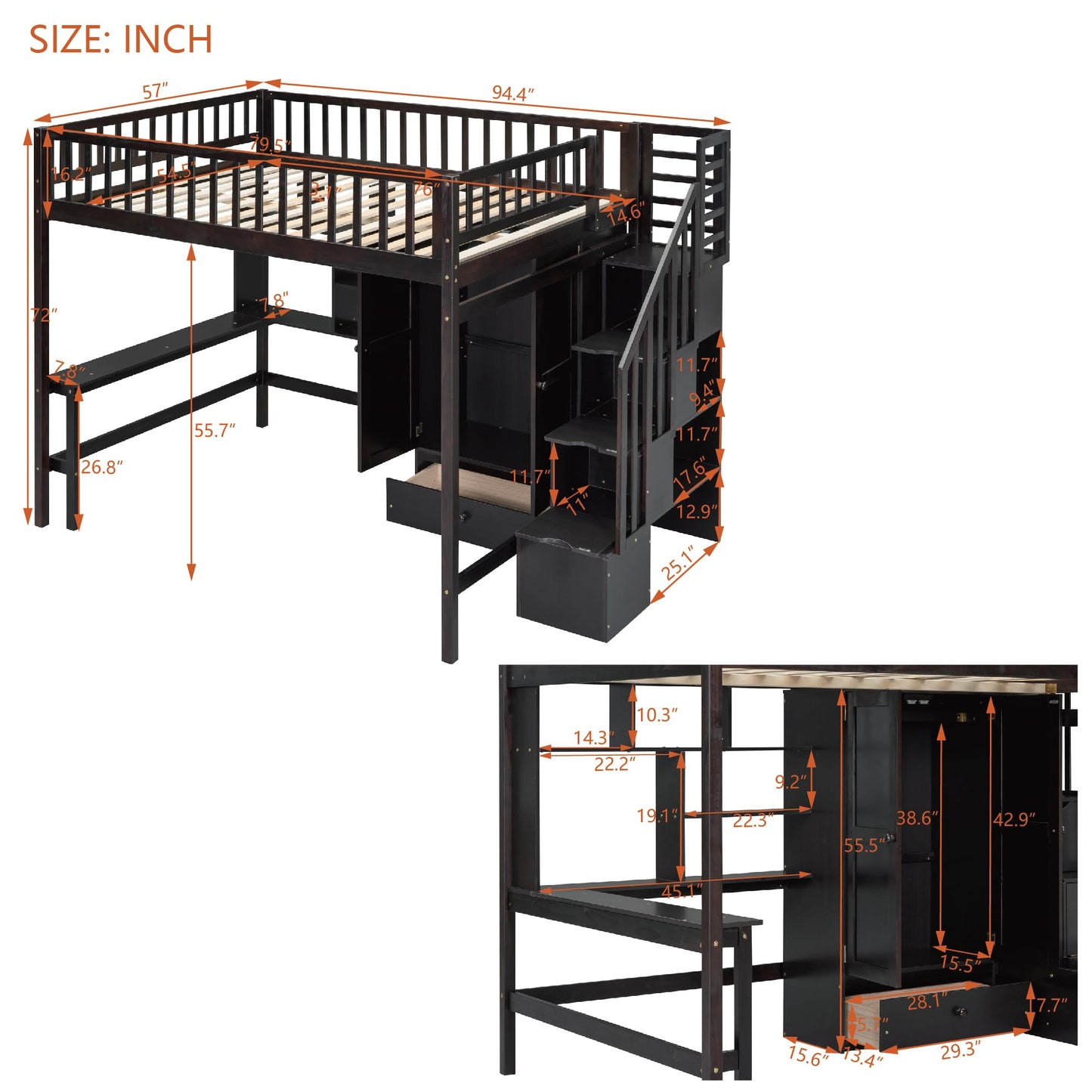 Espresso Full Size Loft Bed with Storage Stairs, Desk, Bookshelf, and Wardrobe by Harper & Bright Designs - WoodArtSupply