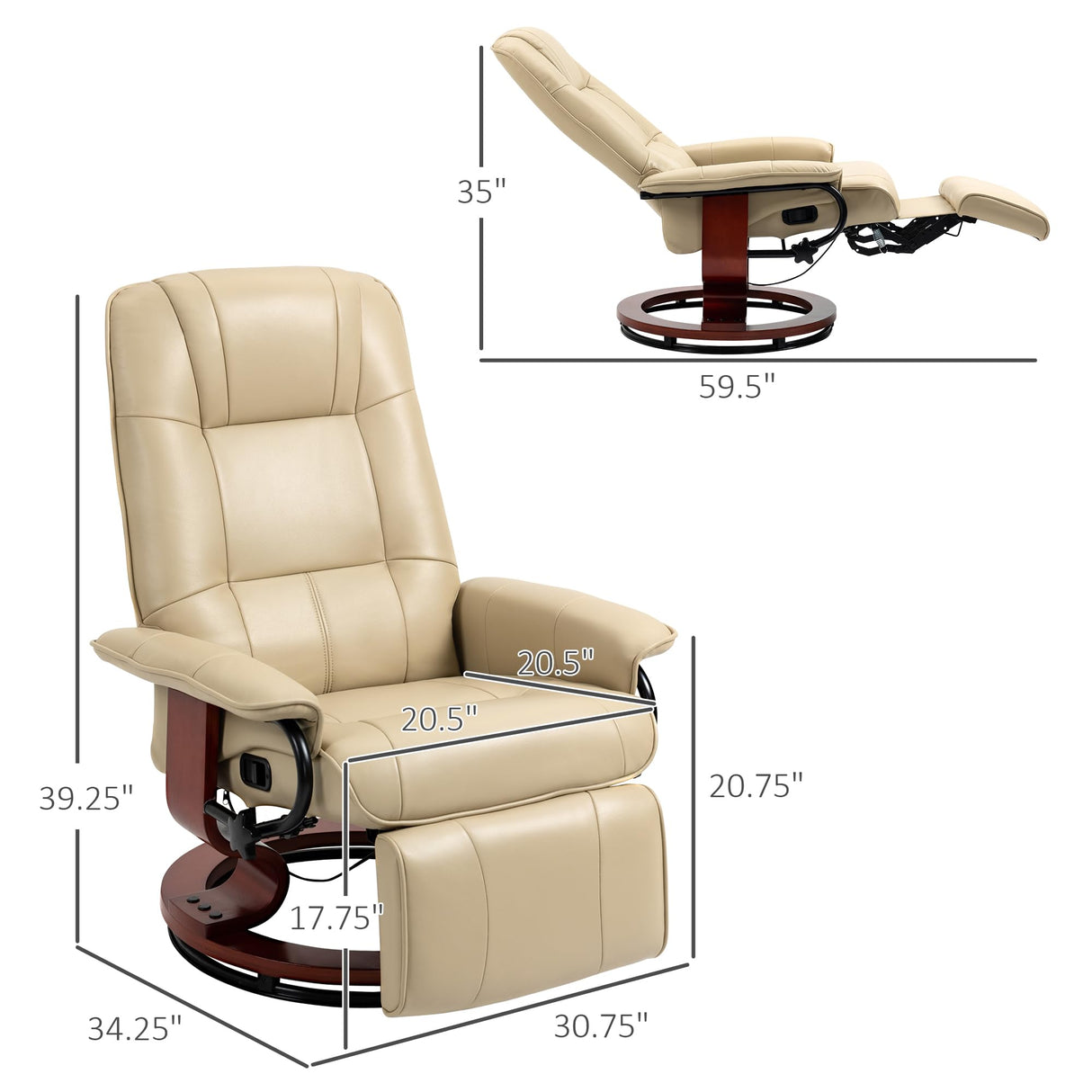HOMCOM Faux Leather Manual Recliner, Adjustable Swivel Lounge Chair with Footrest, Armrest and Wrapped Wood Base for Living Room, Cream White HOMCOM