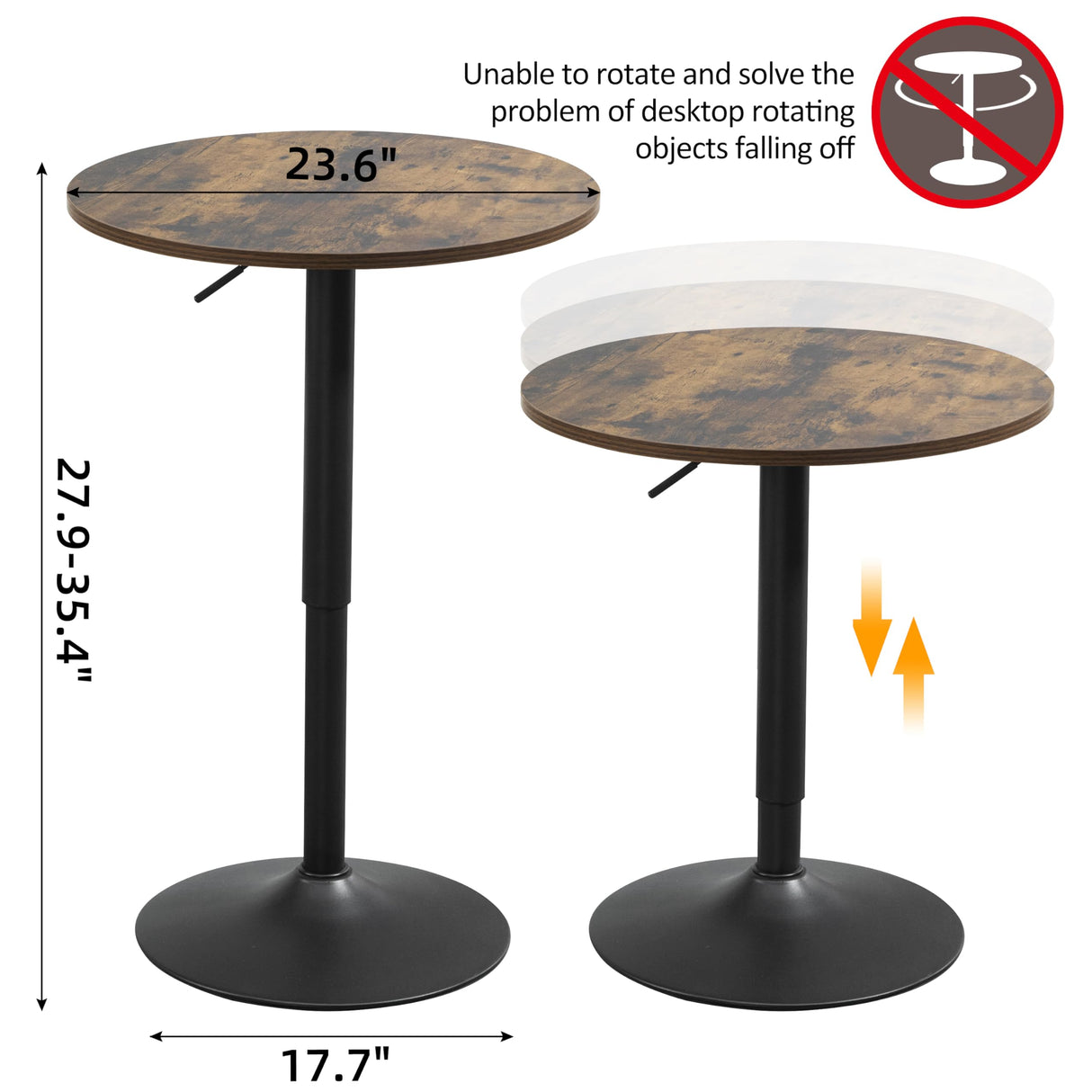 Finnhomy 23.6inches Round Cocktail Bar Table with Metal Base, Tall Bistro Pub Table, Adjustable 27.9''-35.4'' Counter Bar Height for Kitchen, Living Room, Easy Assembly, Rustic Brown Finnhomy