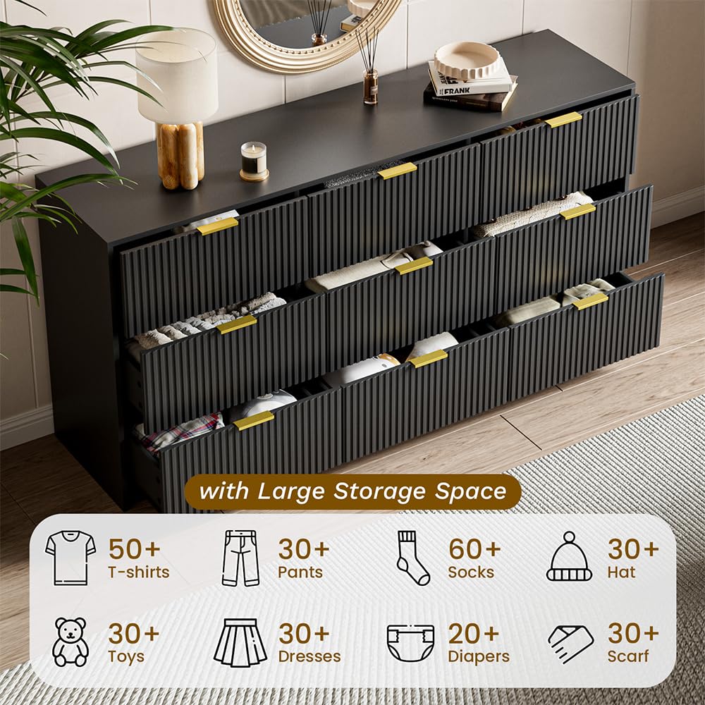 MAISONARIA Black Dresser for Bedroom, 9 Drawer Double Dresser, Modern Chest of Drawers for Bedroom, Living Room, Entryway and Closet, 63" L x 15.7" D x 31.5" H MAISONARIA