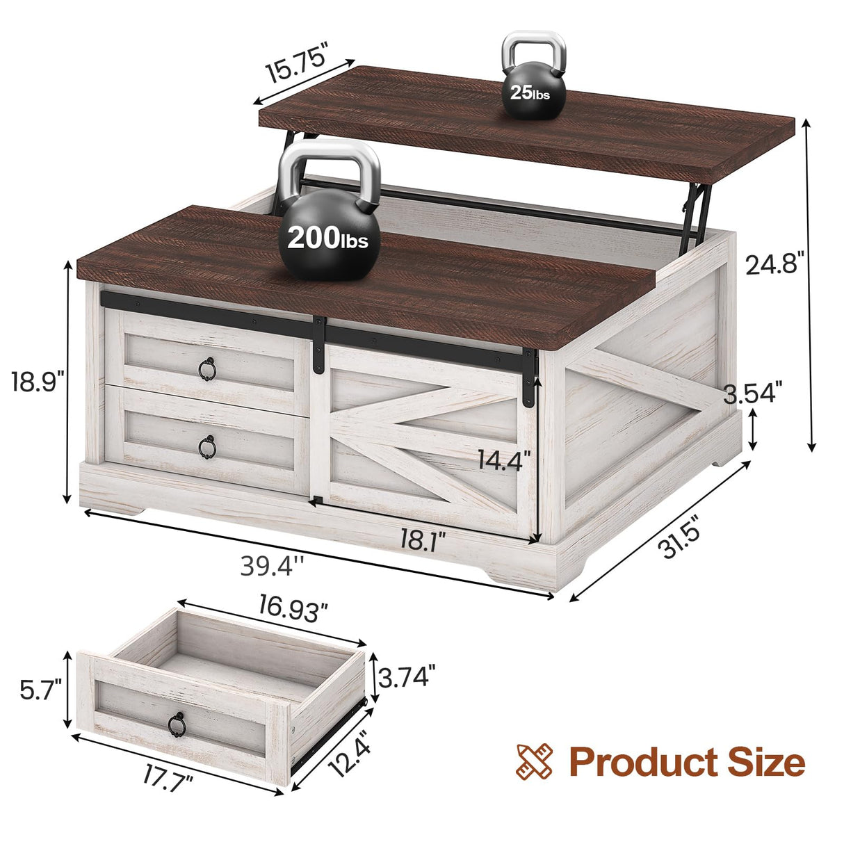 Itaar 39.4'' Lift Top Coffee Table with Storage, Farmhouse Coffee Tables for Living Room, Square Coffee Table with Large Hidden Compartment & 2 Drawers & Adjustable Shelves, White Itaar