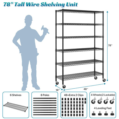 Metal Shelves Garage Shelving Wire Shelving Unit with Wheels, 6000lbs Weight Capacity Heavy Duty NSF Height Adjustable Storage Shelves 6 Tier Steel Commercial Grade Wire Rack, Black