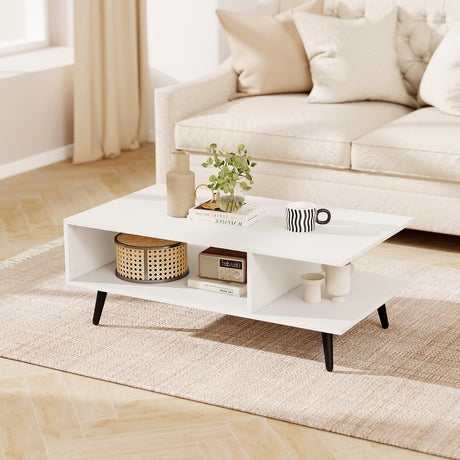 GOFLAME Wood Coffee Table, 2-Tier Mid Century Modern Center Table with 2 Open Storage Compartments & Metal Legs, Rectangular Accent Tea Tables for Living Room, Home Office, Apartment, White GOFLAME