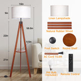 OUTON Dimmable Wood Tripod Floor Lamp with Shelves, Remote Control, Mid Century Modern Standing Lamp 58.5" for Bedroom, Living Room, and Office, Flaxen Lamp Shade Include E26 9W Bulb OUTON