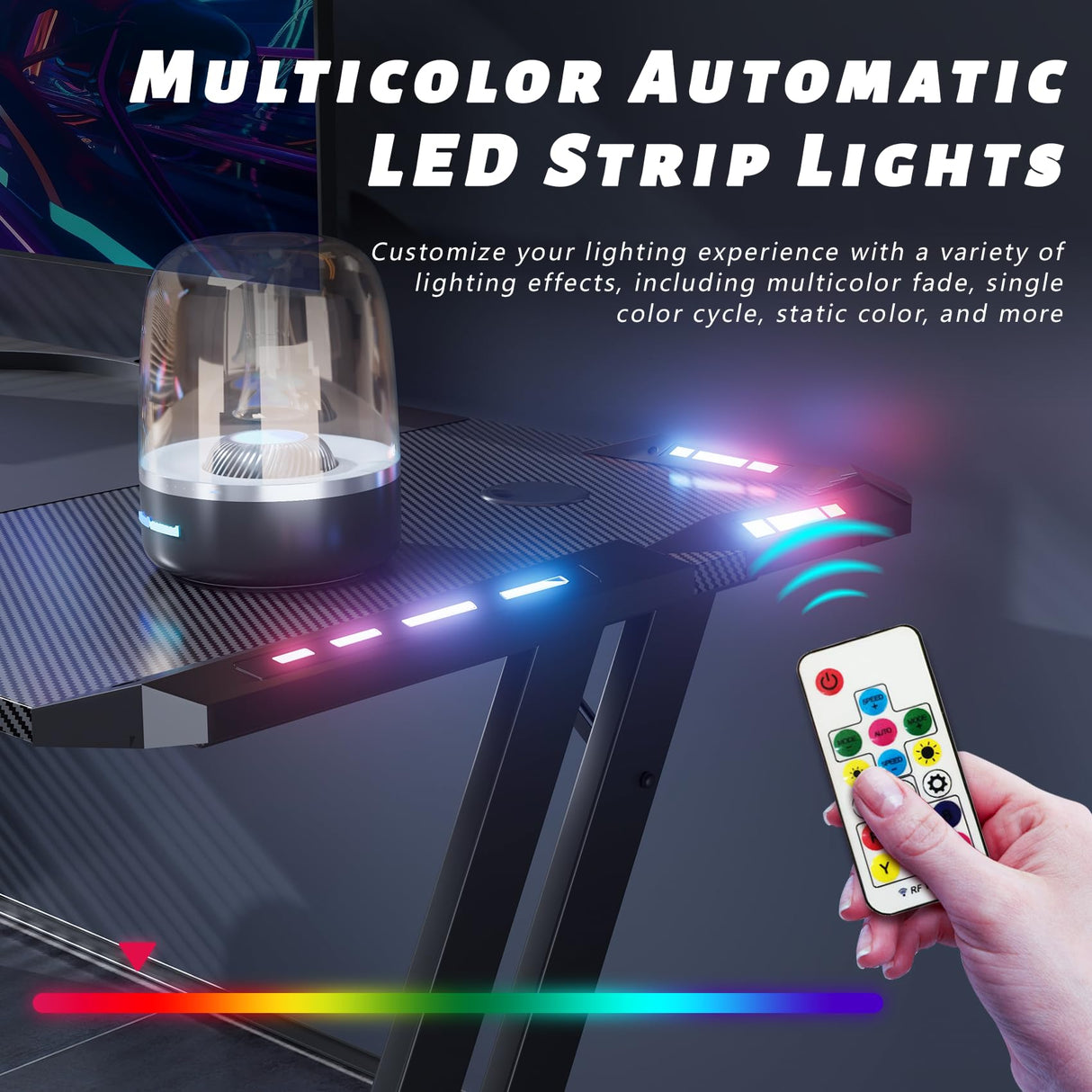 HLDIRECT 47 Inch Gaming Desk with LED Lights Carbon Fibre Surface Gaming Table Large Computer Desk Ergonomic Home Office Desks Z Shaped PC Gamer Workstations with Cup Holder & Headphone Hook HLDIRECT