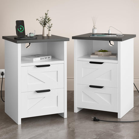 AURINEST Farmhouse Night Stand Set of 2 with Charger Station, Bed Side Table with 2 Drawers and Storage Shelf, Rustic End Table for Bedroom, Living Room, Small Spaces, White AURINEST