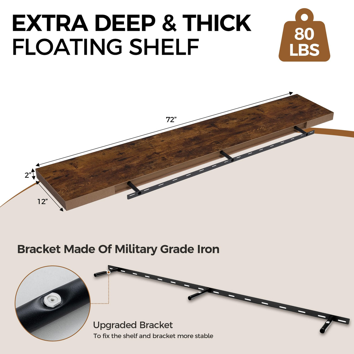 Fun Memories 72 Inch Floating Shelf, 12 Inch Deep Wall Shelf for Fireplace Mantel, Deep Storage Shelves for Home & Office, Wall Shelves with Invisible Bracket, Rustic Brown, Set of 1 Fun Memories