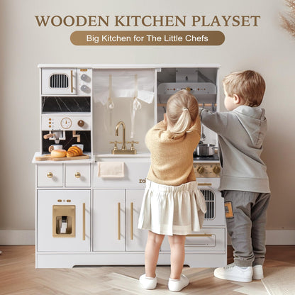 ROBUD Play Kitchen for Kids, Wooden Play Kitchen Set with Plenty of Realistic Play Features, Toy Kitchen with Ice Maker, Coffee Machine, Oven, Cabinet, Microwave, Utensils, Gift for Ages 3+, White