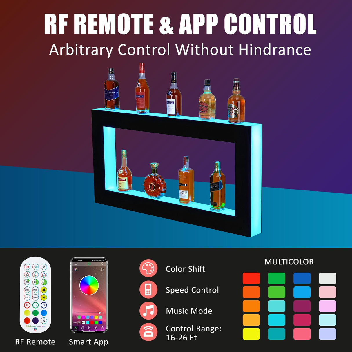 Takywep LED Lighted Liquor Bottle Shelf, Square 2-Tier 48 Inch Bar Bottle Display Shelf with Remote & App Control, 16 Colors, Wall Mounted Acrylic Liquor Shelf for Home Commercial Bar Takywep
