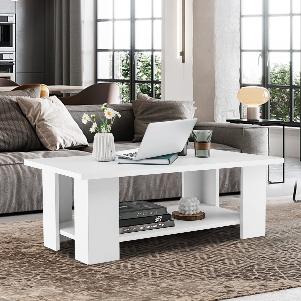 Tangkula 2-Tier Coffee Table, Modern Rectangular Center Cocktail Table with 5 Support Legs, Wooden Accent Living Room Furniture, Small Coffee Table for Small Spaces, Easy Assembly (White) Tangkula