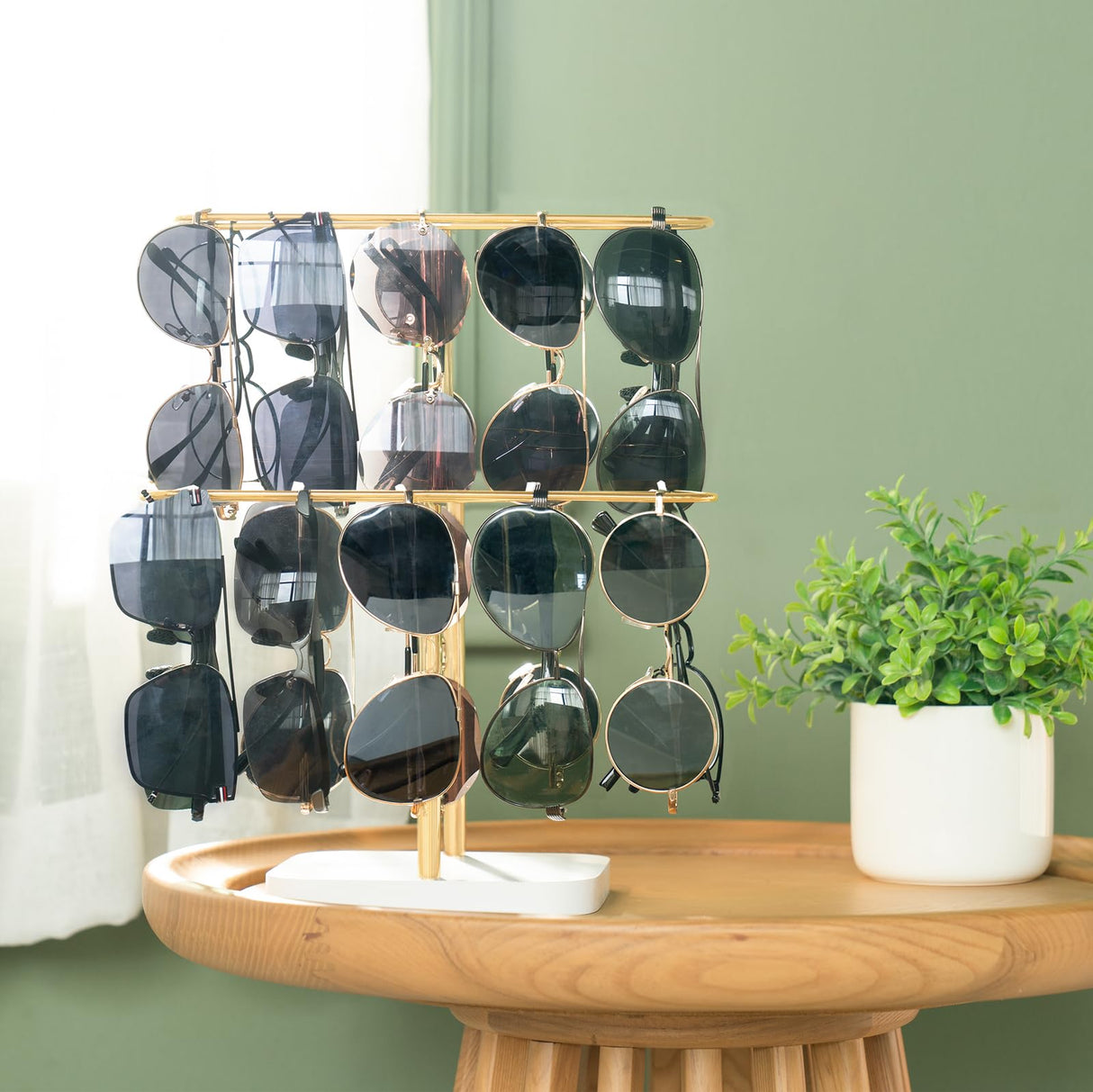 Mkono Sunglasses Organizer Glasses Holder Stand for 24 Pairs of Eyewear, 2 Tier Sunglass Storage Eyeglasses Display Rack Metal Frame with Wood Base for Table Desk Countertop Dresser Bedroom, Gold Mkono