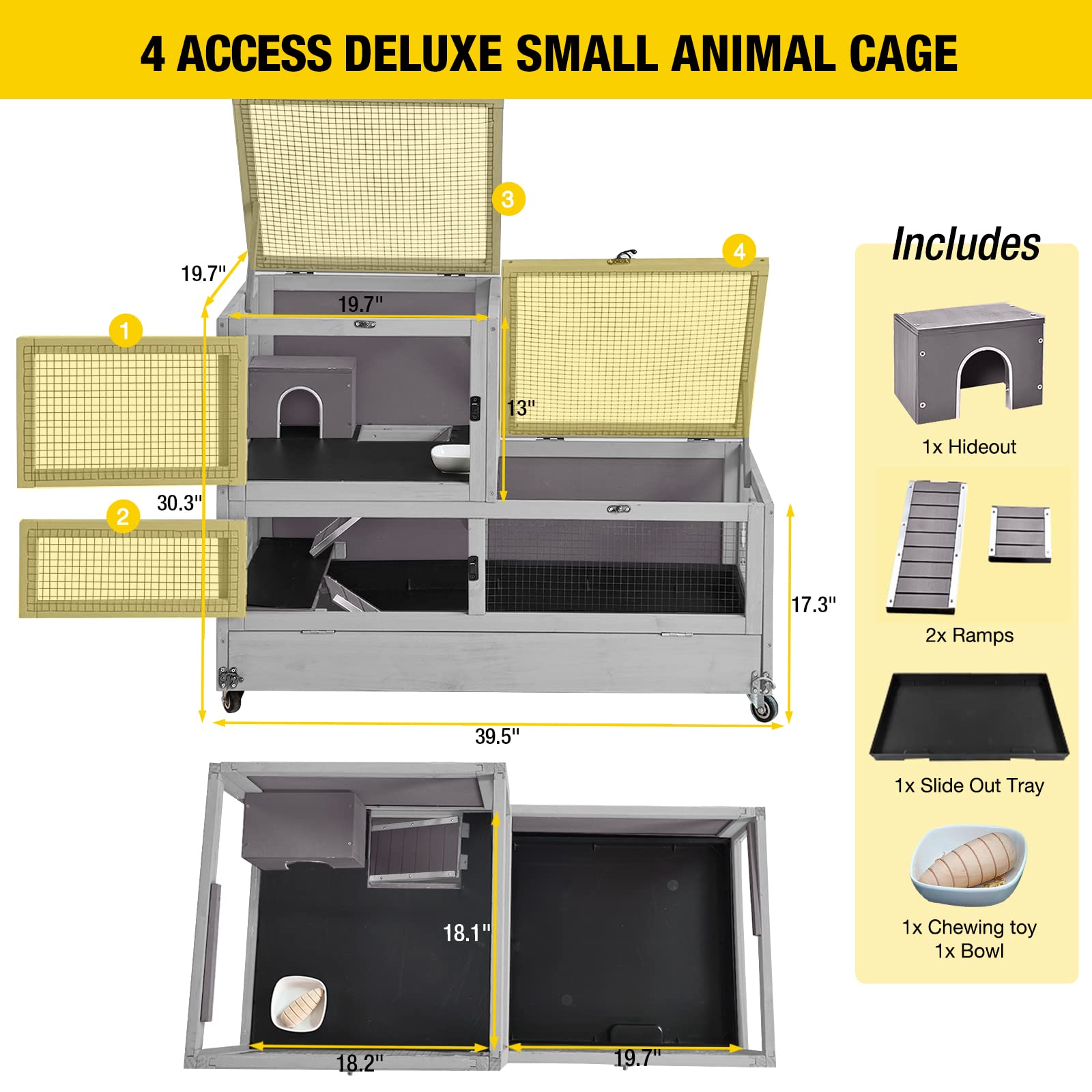 Aivituvin Guinea Pig Cage 2 Levels Wooden Rabbit Hutch with 2.36”Deeper Anti-Chewing Pull Out Tray Rat Cage with Hideout,Aluminium Alloy Edge… - WoodArtSupply