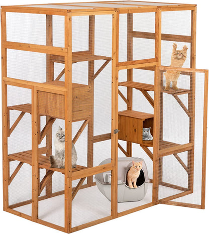 NBTiger Large Wooden Cat Enclosure Cage Catio Pet Playhouse Run House with Hammock and Solar Top, 63'' x 33'' x 70'' Outdoor Indoor Pet Kennel Playpen with Sisal Rope Pedal and Activity Platf - WoodArtSupply