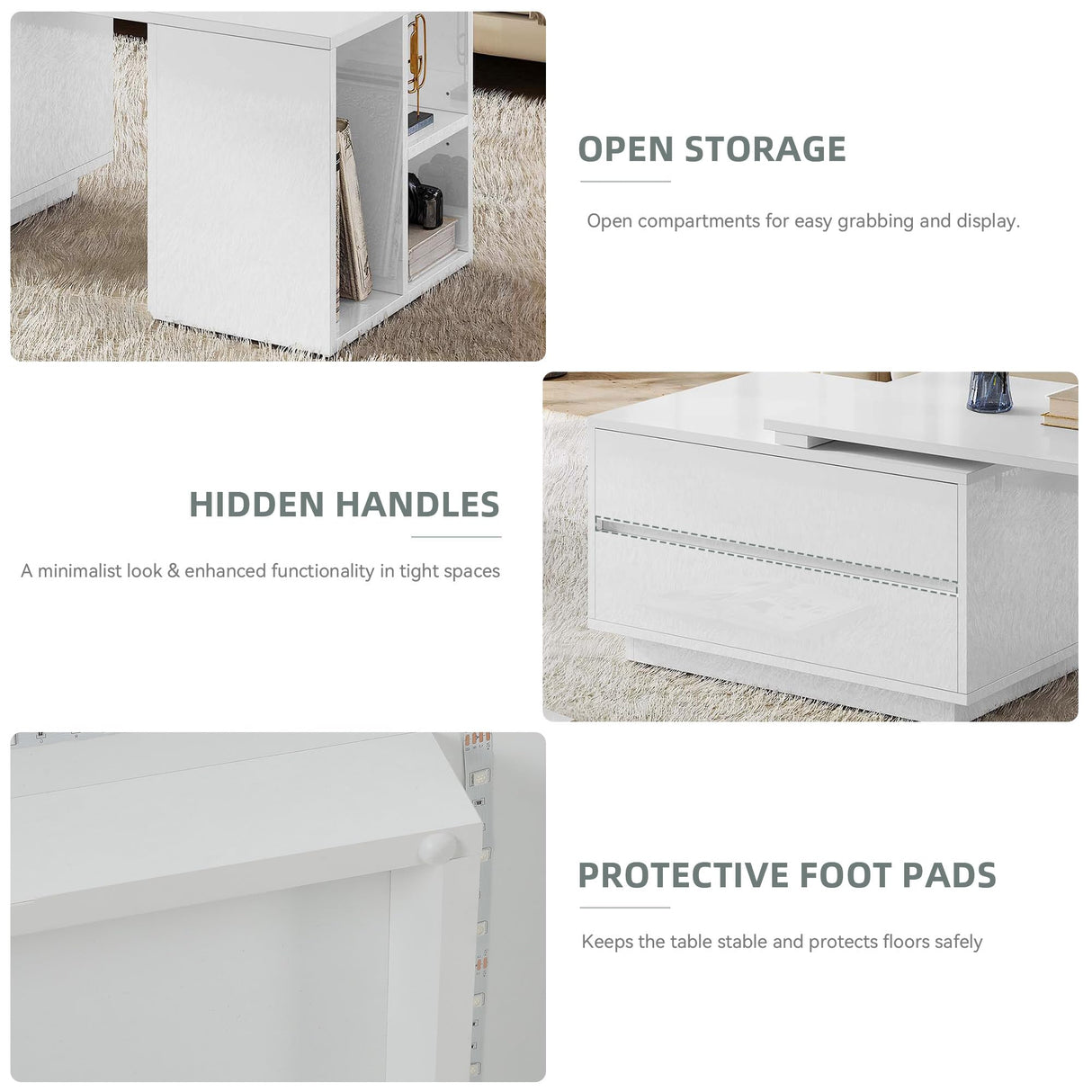 YITAHOME Coffee Table LED Coffee Table with 4 Storage Drawers, Extendable Coffee Tables for Living Room, Modern Wooden Rectangle Cocktail Table with Open Shelves & Sliding Tabletop 35"- 61", White YITAHOME