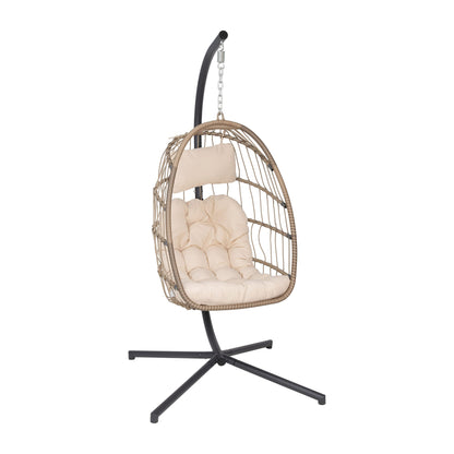 Taylor & Logan Corbin Natural Patio Hanging Wicker Egg Chair with Cream Plush Seat Cushions & Swing Stand for Indoor/Outdoor Use - WoodArtSupply