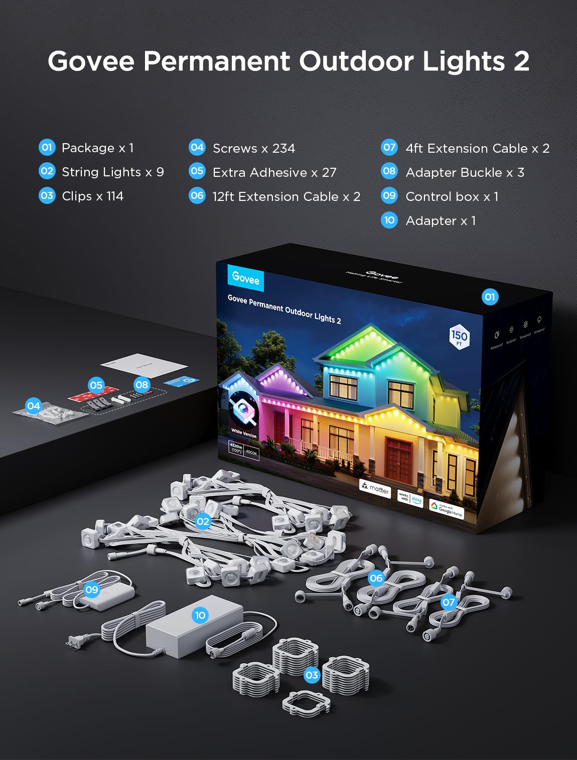 Govee Permanent Outdoor Lights 2, 150ft RGBIC Outdoor Lights with 108 LED Lights, IP67 Waterproof, 100 Scene Modes with 40lm White for Outdoor Decorations, Works with Alexa, Google Assistant, White Govee