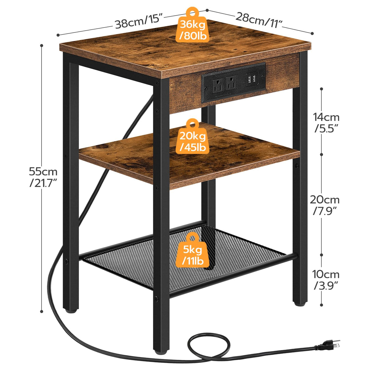HOOBRO End Table with Charging Station and USB Ports, 3-Tier Nightstand with Adjustable Shelf, Small Side Table for Small Space in Living Room, Bedroom and Balcony, Rustic Brown BF112BZ01 HOOBRO