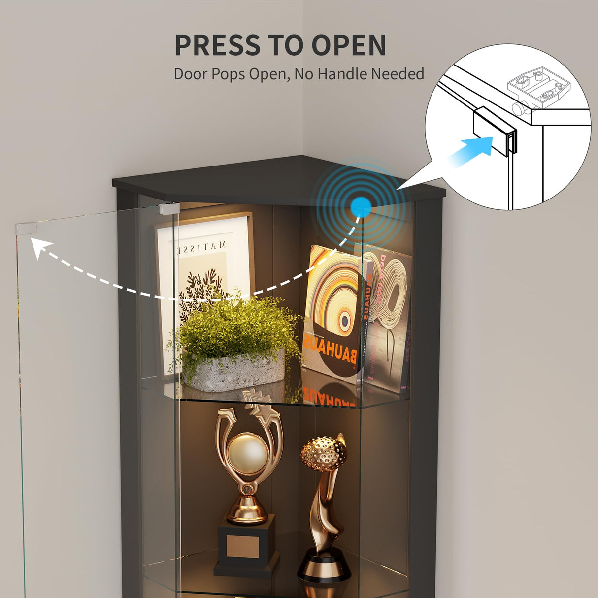 HNEBC 69" Tall Curio Display Cabinet with Glass Door and Movable Shelves,Corner Bookcase with LED Human Sensor Lights,5-Tier RGB Display Case for Collectibles,Bedroom Living Room HNEBC