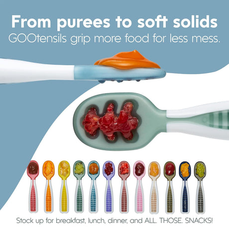 NumNum Baby Spoons Set, Pre-Spoon GOOtensils for Kids Aged 6+ Months - First Stage, Baby Led Weaning (BLW) Spoon - Self Feeding, Silicone Toddler Food Utensils - 2 Spoons, Blue/Orange NumNum
